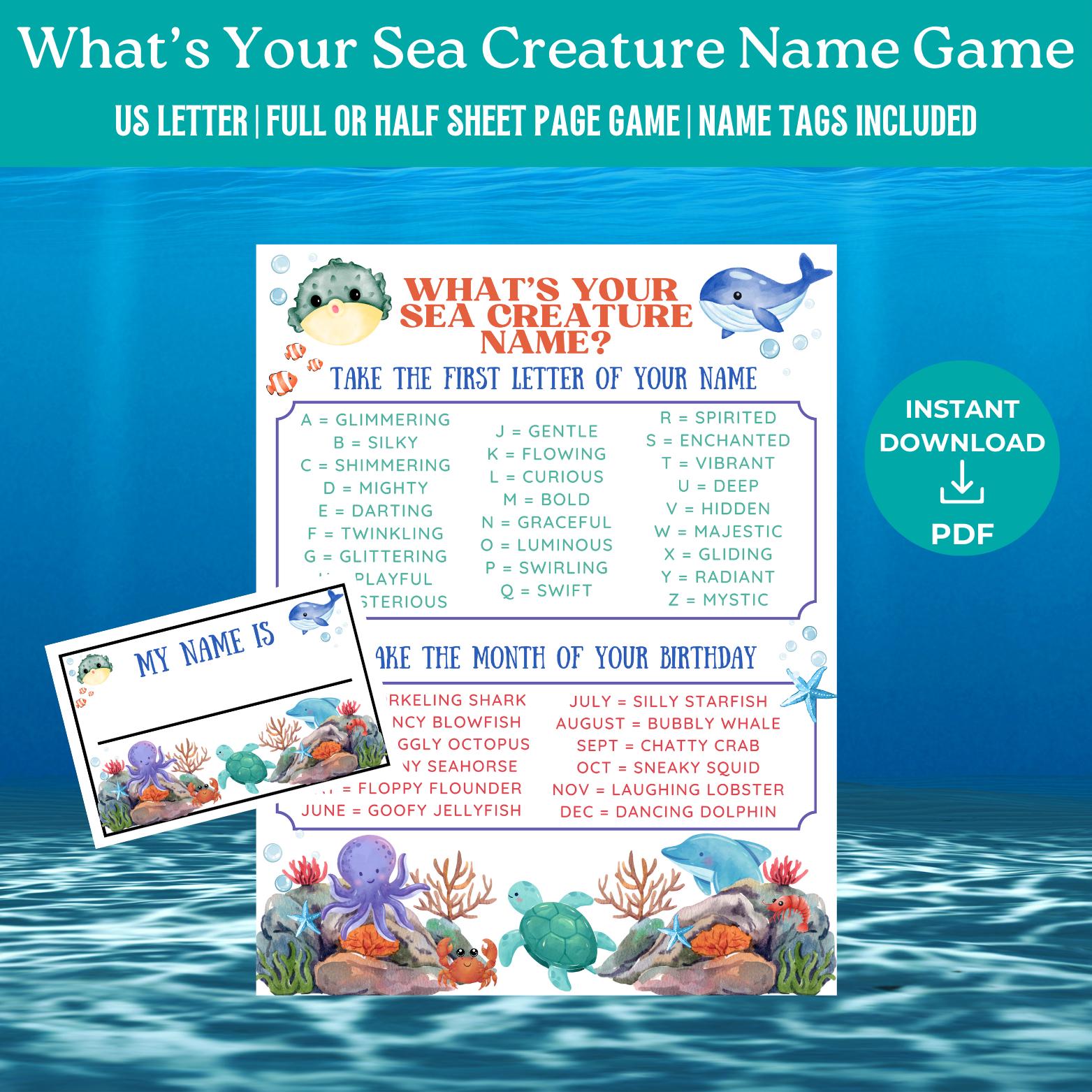 What’s Your Sea Creature Name Game, Printable Under the Sea Baby Shower Game, Under the Sea Birthday Party Game, Ocean Theme Party Game,