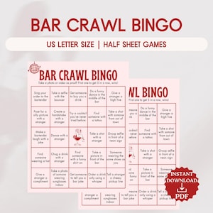 Puede incluir: Una tarjeta de bingo imprimible con un diseño rojo y blanco. La tarjeta se titula "Bar Crawl Bingo" y tiene casillas con diferentes desafíos para completar, como "Cantar tu pedido al barman" y "Tomarte una selfie con el portero".