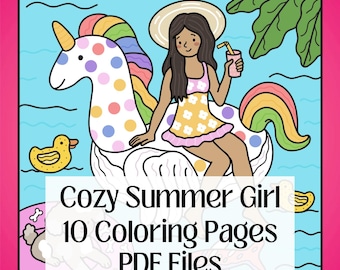 Relaxing Summer Cozy Girly Coloring Pages, 10 Printable Coloring Pages, Stress Relief Coloring Pages for Adult Teens, Kawaii Color Page