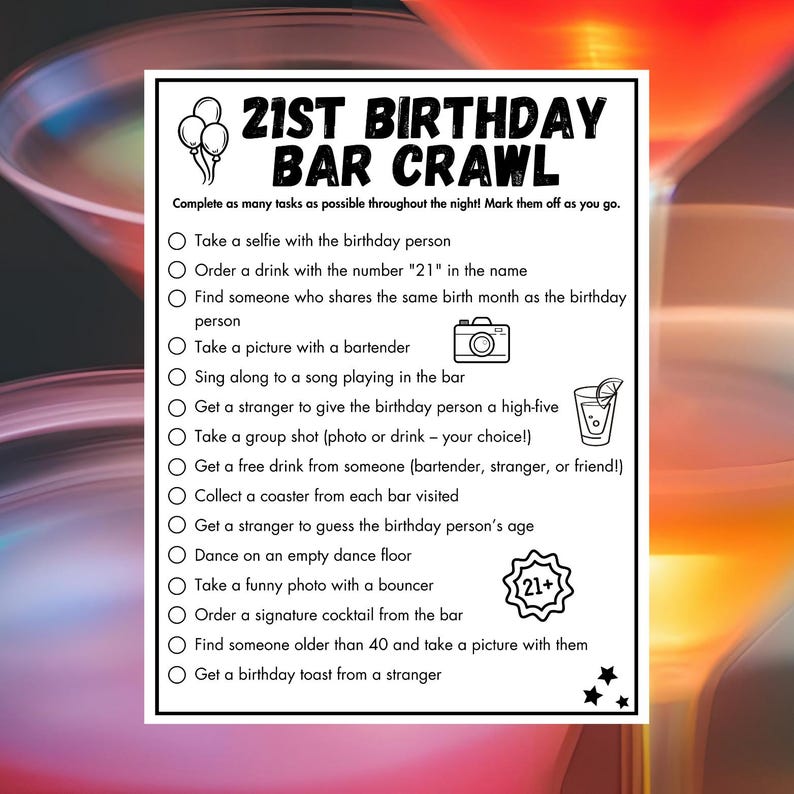 21st Birthday Bar Game, Birthday Scavenger Hunt, 21st birthday Decor, Printable Bar Hopping Game, Bar Scavenger Hunt, Adult Drinking Games image 5