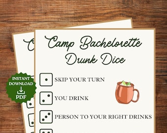 Camp Bachelorette Drunk Dice Game, Drinking Camping Bachelorette Party Games, Printable Bach, Girls Camping Trip, Last Trail Before the Veil