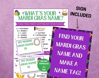 Mardi Gras Name Game, Mardi Gras Activity, Printable Mardi Gras Party Games, Activity Adults & Kids Office Games, Fat Tuesday Activity,