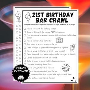 Juego de bar para 21 años, búsqueda del tesoro, decoración para 21 años, juego imprimible de bar en bar, búsqueda del tesoro, juegos de beber para adultos