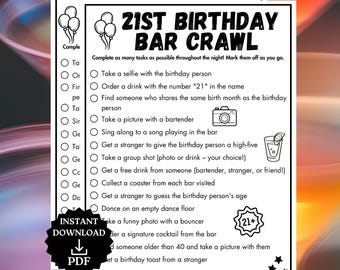 21st Birthday Bar Game, Birthday Scavenger Hunt, 21st birthday Decor, Printable Bar Hopping Game, Bar Scavenger Hunt, Adult Drinking Games