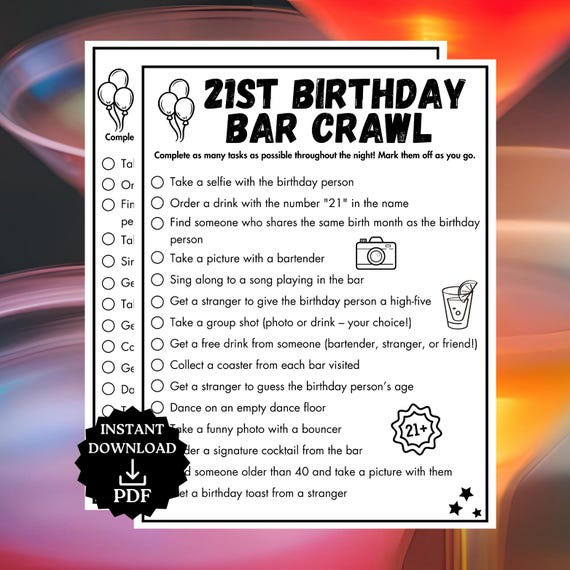 21st Birthday Bar Game, Birthday Scavenger Hunt, 21st birthday Decor, Printable Bar Hopping Game, Bar Scavenger Hunt, Adult Drinking Games