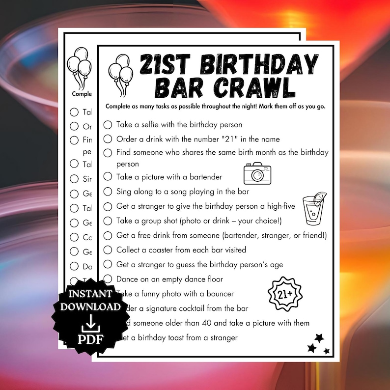 21st Birthday Bar Game, Birthday Scavenger Hunt, 21st birthday Decor, Printable Bar Hopping Game, Bar Scavenger Hunt, Adult Drinking Games image 1