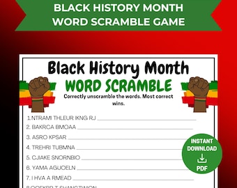 Black History Month Word Scramble Game, Black History Group Activity, Black History Trivia, Printable Party Fun Activity for Kids Adults MLK