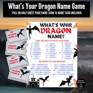 Dragon Name Game, Dragon Printable Party Games, Kids Dragon Birthday Party, Dragon Name Generator, Dragon Theme Decor Sign, Icebreaker