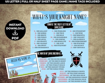What’s Your Knight Name Game, Dragon Party, Printable Knight Game, Medieval Birthday Game, Knight Birthday Party, Knight Printable Favors