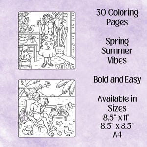 May include: A set of 30 coloring pages featuring illustrations of people enjoying spring and summer activities. The pages are designed for easy coloring and are available in 8.5 x 11 inches, 8.5 x 8.5 inches, and A4 sizes.