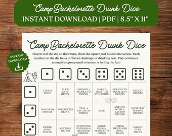Camp Bachelorette Drunk Dice Game, Drinking Camping Bachelorette Party Games, Camp Bach Girls Camping Trip, Last Trail Before the Veil