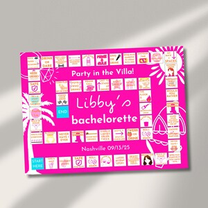 May include: A hot pink bachelorette party game board with the text "Party in the Villa!" and "Libby's bachelorette" in white. The game board includes spaces for dares, drinks, and challenges. The date "09/13/25" is also visible.