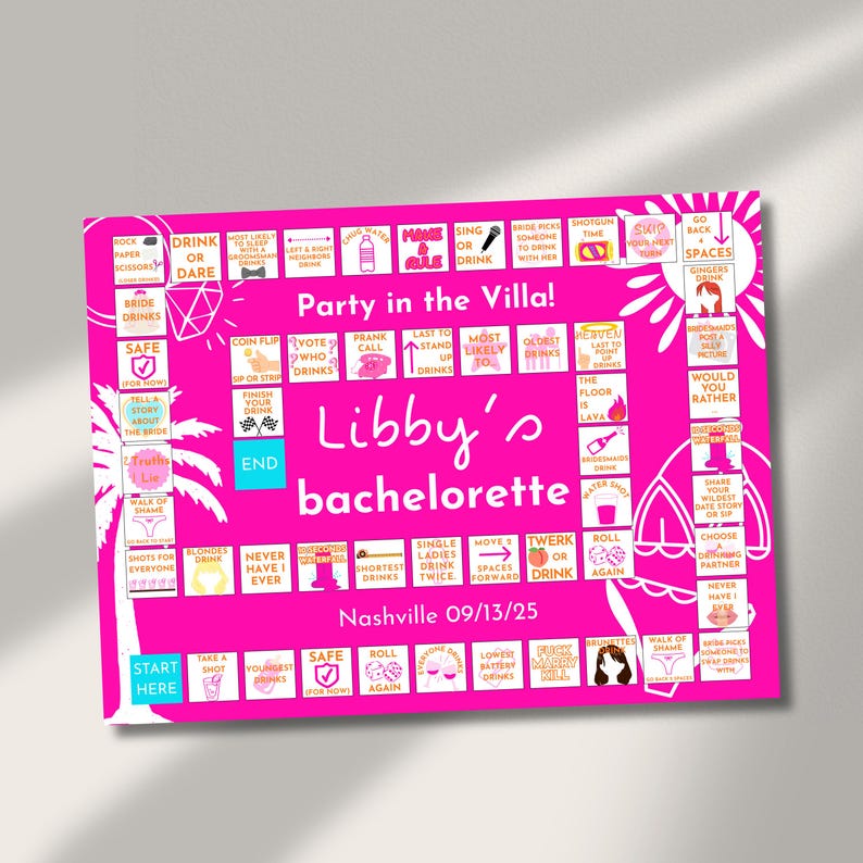 May include: A hot pink bachelorette party game board with the text "Party in the Villa!" and "Libby's bachelorette" in white. The game board includes spaces for dares, drinks, and challenges. The date "09/13/25" is also visible.