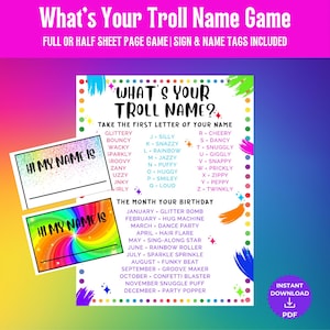 What’s Your Troll Name Game, Troll Printable Game, Troll Party Decor, Troll Sign, Troll Themed Birthday Party, Poppi Games, Troll Activity