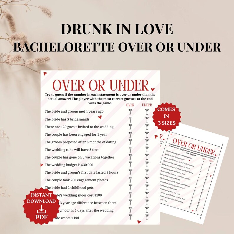 Bridal Shower Game Over or Under, Drunk in Love Theme Bachelorette ...
