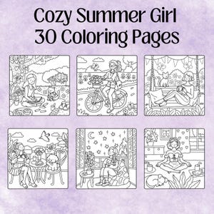 May include: A set of 30 coloring pages featuring illustrations of girls enjoying summer activities. The illustrations include a girl reading a book in a park, a girl riding a bicycle, a girl relaxing on a swing, a girl reading a book in a cozy room, and a girl meditating in a room with a window.