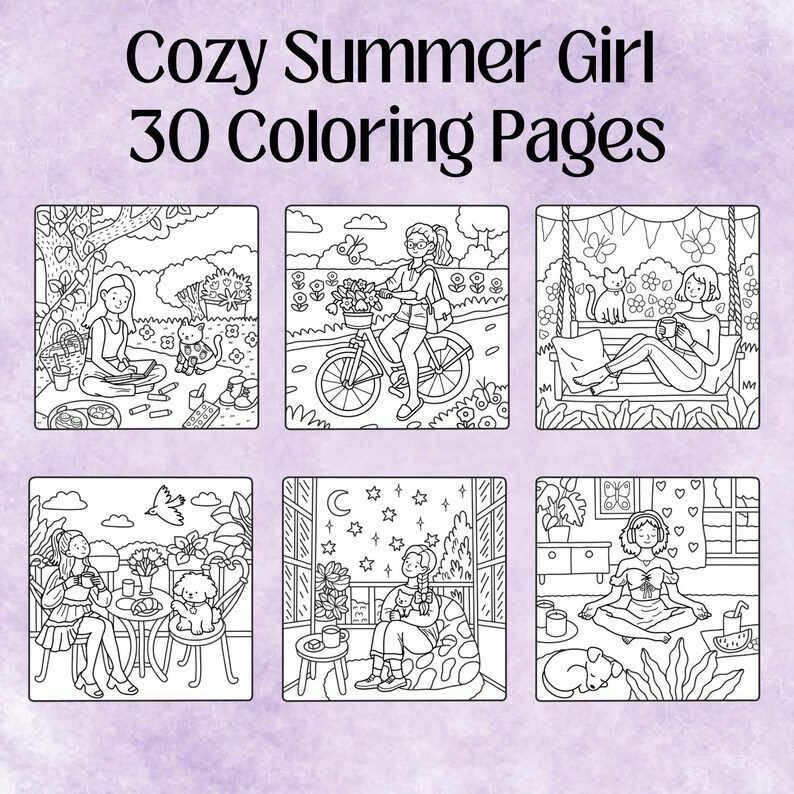 May include: A set of 30 coloring pages featuring illustrations of girls enjoying summer activities. The illustrations include a girl reading a book in a park, a girl riding a bicycle, a girl relaxing on a swing, a girl reading a book in a cozy room, and a girl meditating in a room with a window.