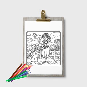 May include: A black and white line drawing of a girl holding a bouquet of flowers in a garden with a small dog. The girl is wearing a dress and has long hair. There are butterflies flying around her.