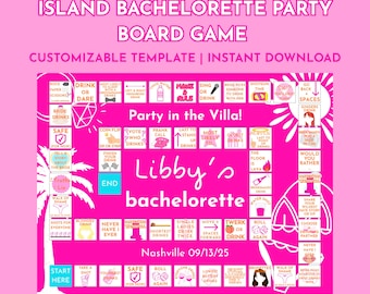 May include: Pink Island Bachelorette Party board game template, customizable and instantly downloadable. Features game spaces, instructions, and text including "Libby's bachelorette" and "Nashville 09/13/25".