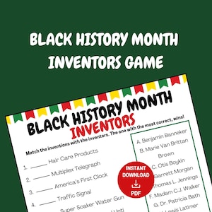 Black History Month Inventors Match Up Game, Black History Games, Black History Month Trivia, Printable Activity for Kids Adults Classroom