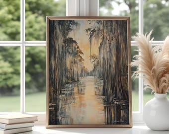 Golden Cypress Swamp Print: Vintage Southern Bayou Wall Art