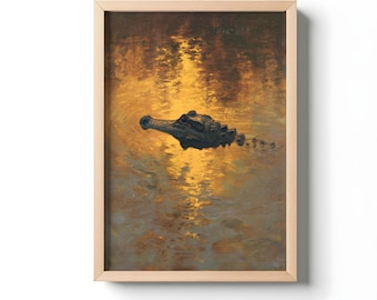 Golden Bayou Gator Oil Painting Print, Vintage Louisiana Alligator Wall Art | Cajun Swamp Wildlife Décor