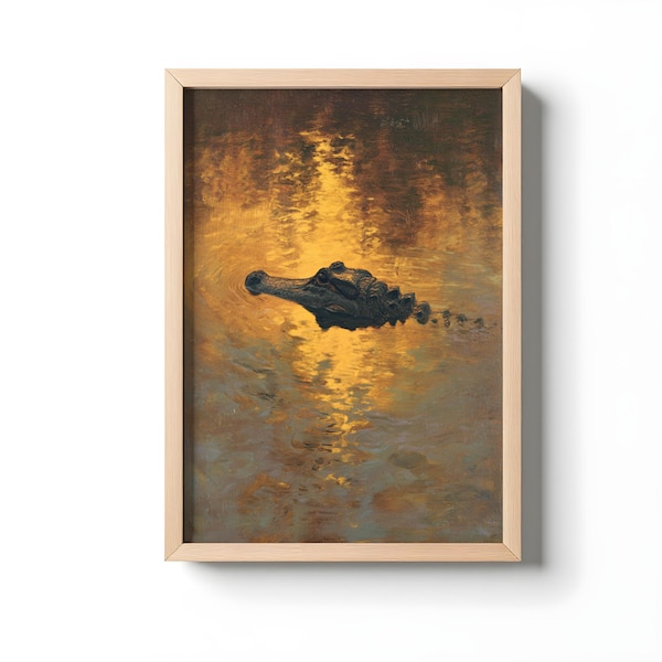 Golden Bayou Gator Ölgemälde Druck, Vintage Louisiana Alligator Wandkunst | Cajun Sumpf Dekor