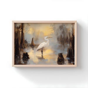 Egret Swamp Art Print: Louisiana Bayou Rustic Oil Painting image 1