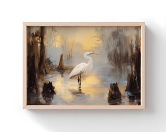 Peut inclure: Impression artistique encadrée représentant un héron blanc dans un paysage marécageux. L'œuvre utilise des tons doux de jaune, de bleu et de brun, créant une scène sereine et naturelle.