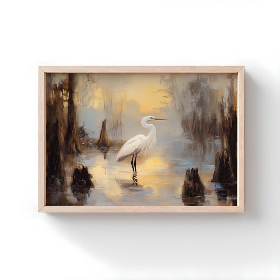 Egret Swamp Art Print: Louisiana Bayou Rustic Oil Painting
