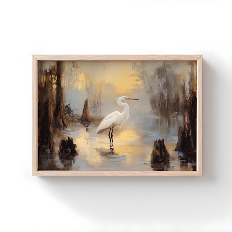 Egret Swamp Art Print: Louisiana Bayou Rustic Oil Painting image 1