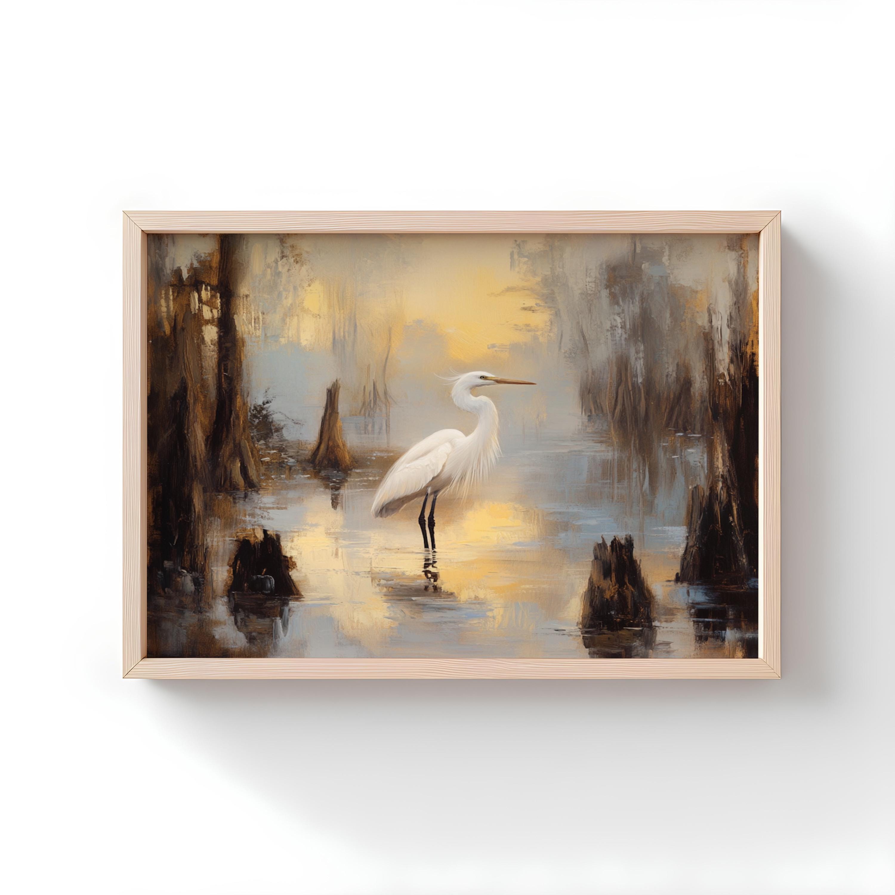 Egret Swamp Art Print: Louisiana Bayou Rustic Oil Painting - Etsy