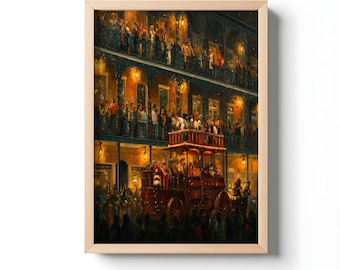 Mardi Gras on Bourbon Street Oil Painting Print, Vintage New Orleans Parade Wall Art | Cajun Festival & Louisiana Décor