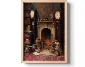 May include: A framed print of a library interior with a fireplace and piles of books. Two longcase clocks stand on either side of the fireplace, and a rug covers the floor. The artwork uses warm colours, creating a vintage and inviting atmosphere.