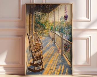 Peut inclure: Peinture encadrée représentant une véranda ensoleillée avec des rocking-chairs en bois. La véranda est ornée de décorations florales suspendues et donne sur un paysage serein. L'œuvre capture la lueur chaleureuse du soleil.