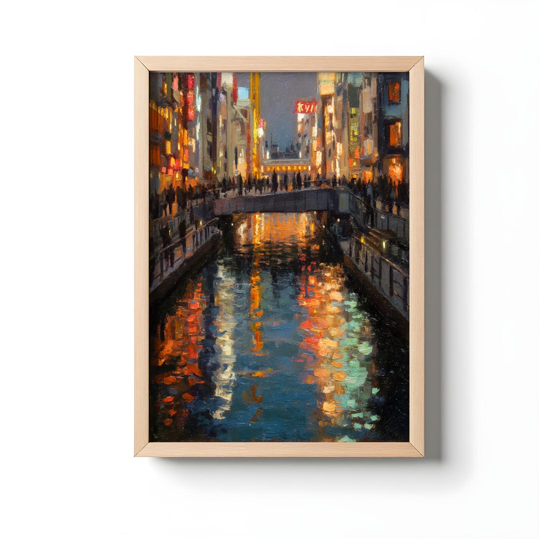 Neon City Wall Art, Impressionist Canal Night Print, Urban Reflection ...