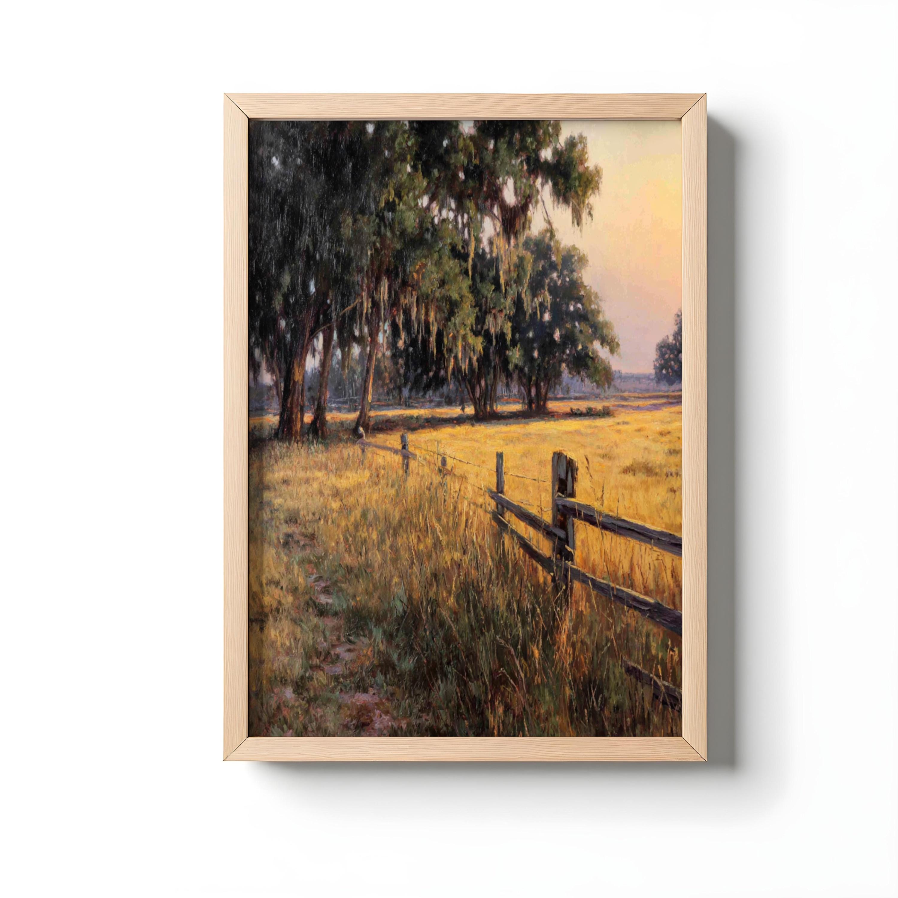 Southern Farmhouse Wall Art, Rustic Country Field Print, Oak Tree Pasture Painting, Farmhouse Landscape Decor