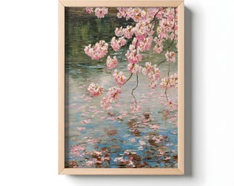 桜の油絵プリント、ピンクの花の壁アート | 日本の春の装飾 | 水辺の花のアートワーク | コテージコアの自然プリント