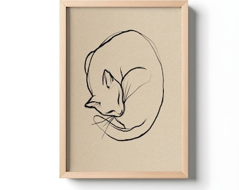Sleeping Cat Wall Print, Minimalist Cat Line Art Poster for Cat Lovers, Matte Vertical Wall Art, Cozy Home Decor, Tranquil Line Drawing