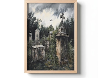Lámina artística de cementerio gótico: Tumba del cementerio sureño - Decoración de pared de Halloween