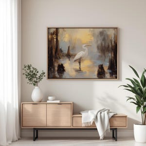 Egret Swamp Art Print: Louisiana Bayou Rustic Oil Painting image 2