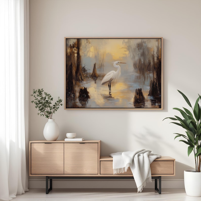 Egret Swamp Art Print: Louisiana Bayou Rustic Oil Painting image 2