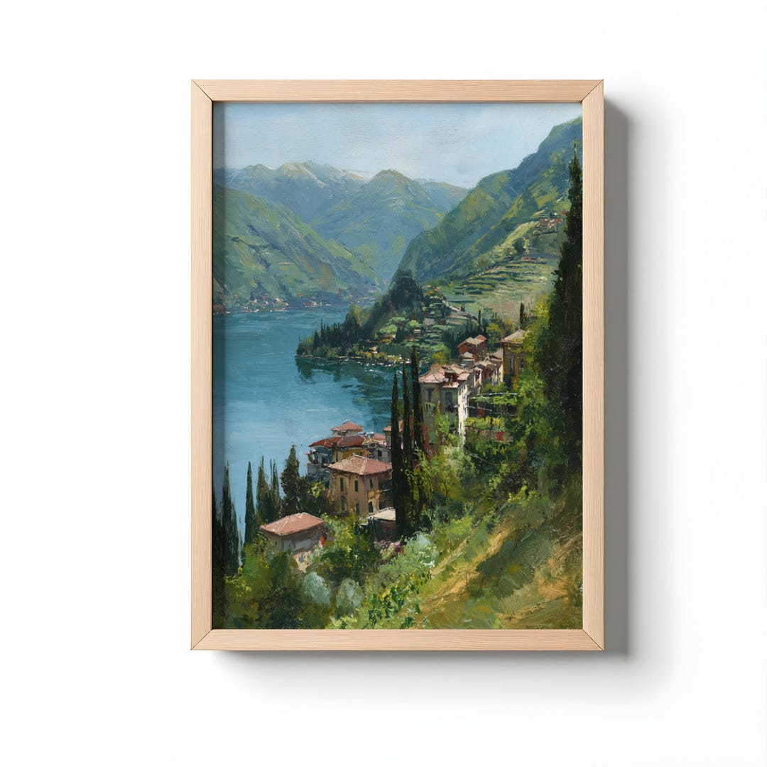 Lake Como Wall Art, Italian Lakeside Village Painting, Mountain Coastal ...