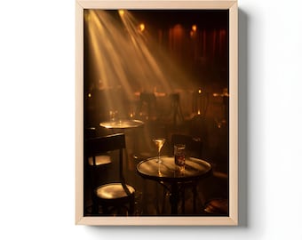 May include: A framed print of a dimly lit bar scene. Sunlight streams through the space, illuminating small round tables with drinks and chairs. The overall color palette is warm, with shades of brown and gold.