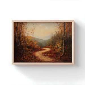 Rustic Autumn Forest Path Print, Fall Landscape Vintage Wall Art, Cozy Cabin Décor, Overgrown Trail Oil Painting Poster