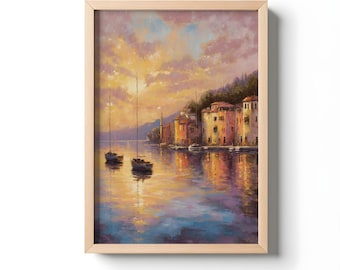 Peinture à l'huile sur un port méditerranéen, oeuvre d'art murale côtière | Décor romantique de paysage de bord de mer | Oeuvre d'art du village européen