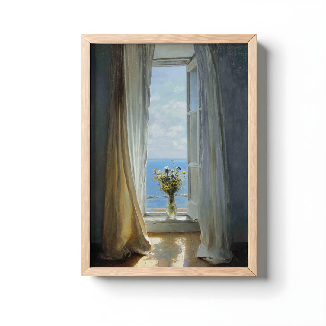 Seaside Window Oil Painting Print, Linen Curtains & Ocean View Wall Art ...