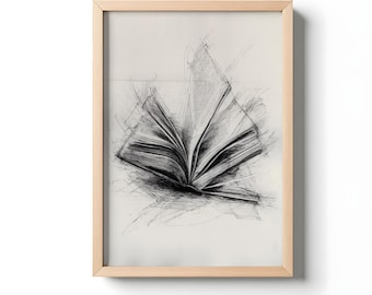 Minimalist Book Line Art Poster Print, Modern Library Decor, Black and White Wall Art, Knowledge Imagination Gift, AI Sketch Design, Book