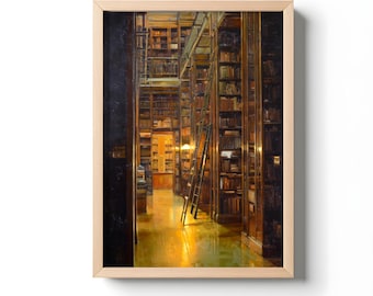 May include: A framed print of a library interior. The image shows rows of bookshelves filled with books, a ladder, and a warm, golden light illuminating the space. The artwork is framed in a light-coloured wooden frame.