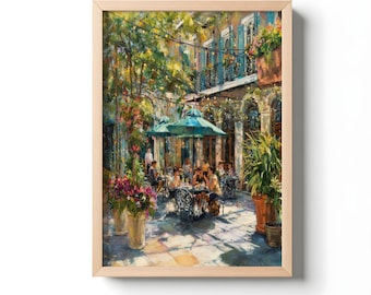 May include: A framed painting depicts an outdoor cafe scene. The artwork features a teal umbrella, tables, and chairs, with people dining. The building has balconies with flowers and shutters. The painting is in a wooden frame.
